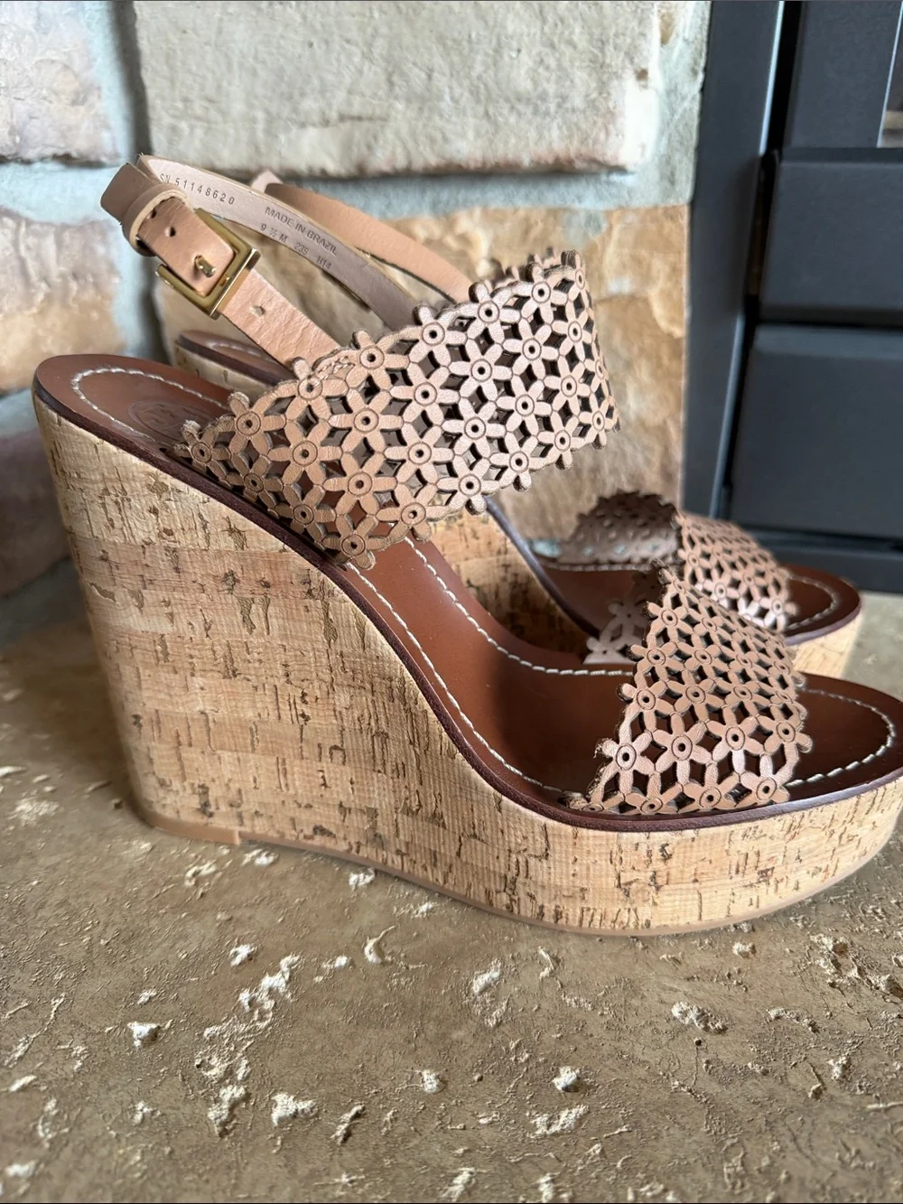 Tory Burch Tan Leather with Laser-Cut outs and Cork Wedge Sandals sz 9.5